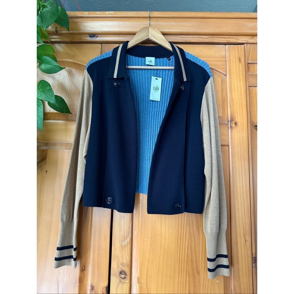 CAbi Varsity Colorblock Cardigan Sweater Jacket – Navy/Tan/Blue – XL – NWT